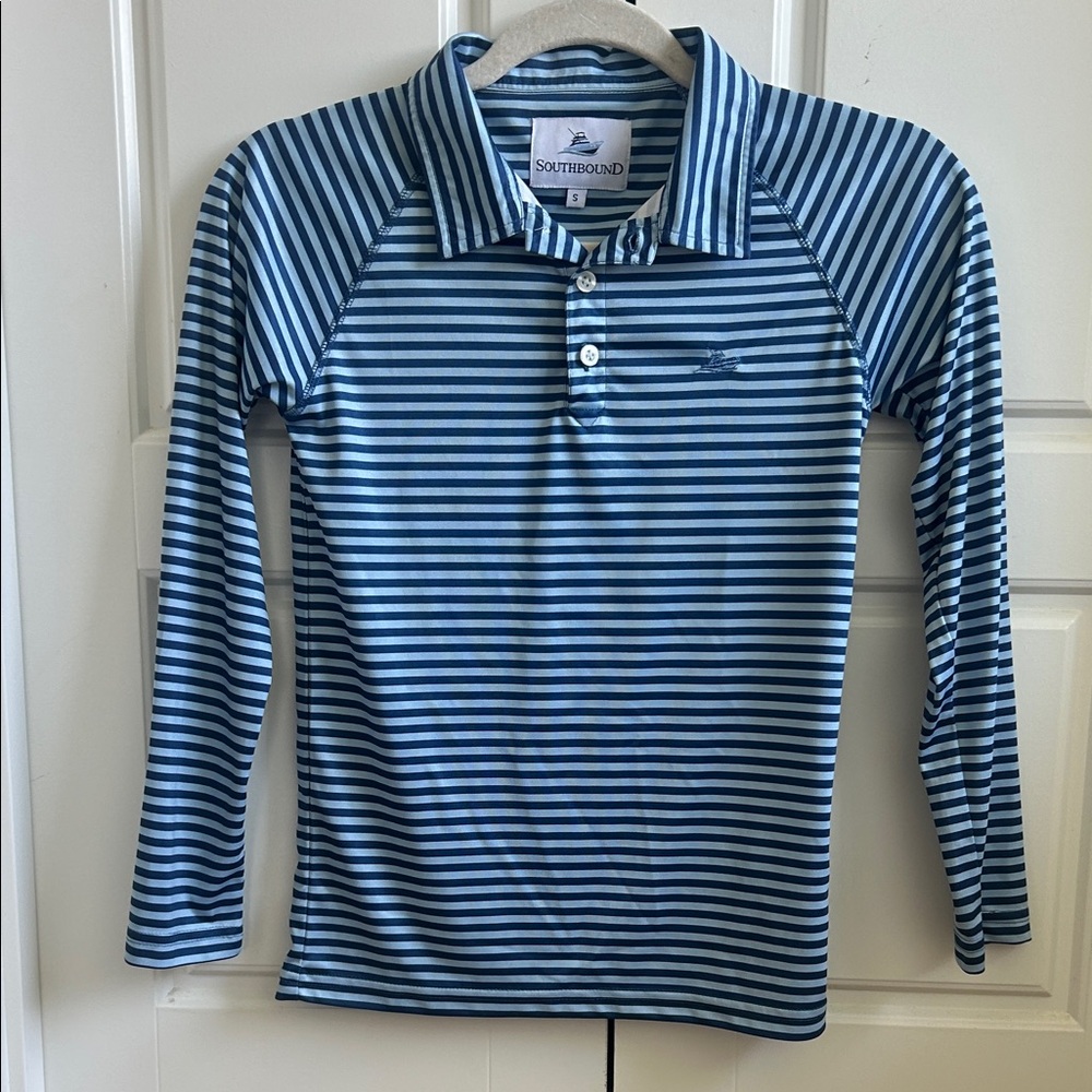 SouthBound Boys' Light Blue & Navy Stripe Long Sleeve Performance Polo